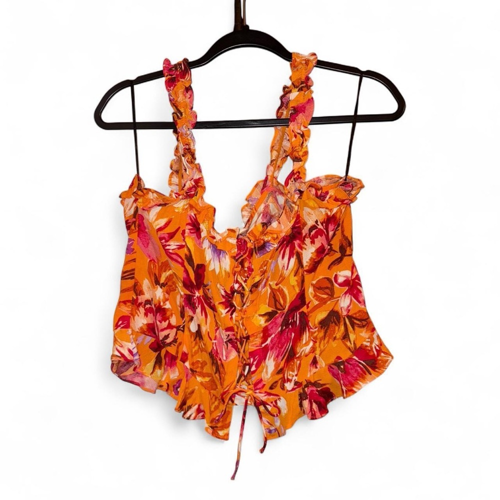 H&M Orange Pink Floral Crop Top | Tropical Boho Festival Summer Tank (Size S)